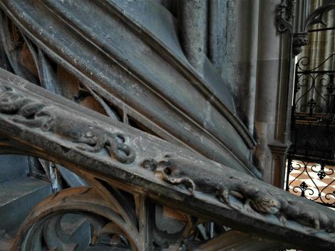 Wien: Stephansdom - Treppengeländer der Kanzel mit Eidechsen und Kröten (2019)