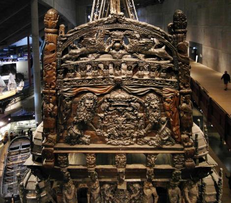 Stockholm: Heck des geborgenen Segelschiffes "Wasa" im Wasa-Museum (2019)