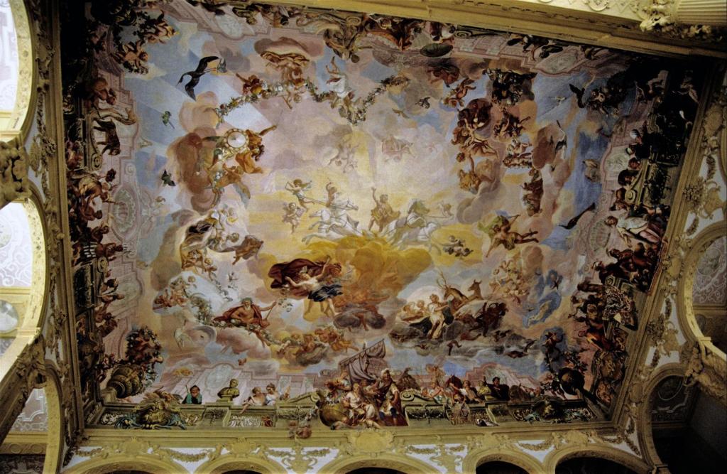 Schloss Weißenstein: Treppenhaus Deckenfresko "Die Erdteile im Lichte Apollos" von R. Byss (1989)