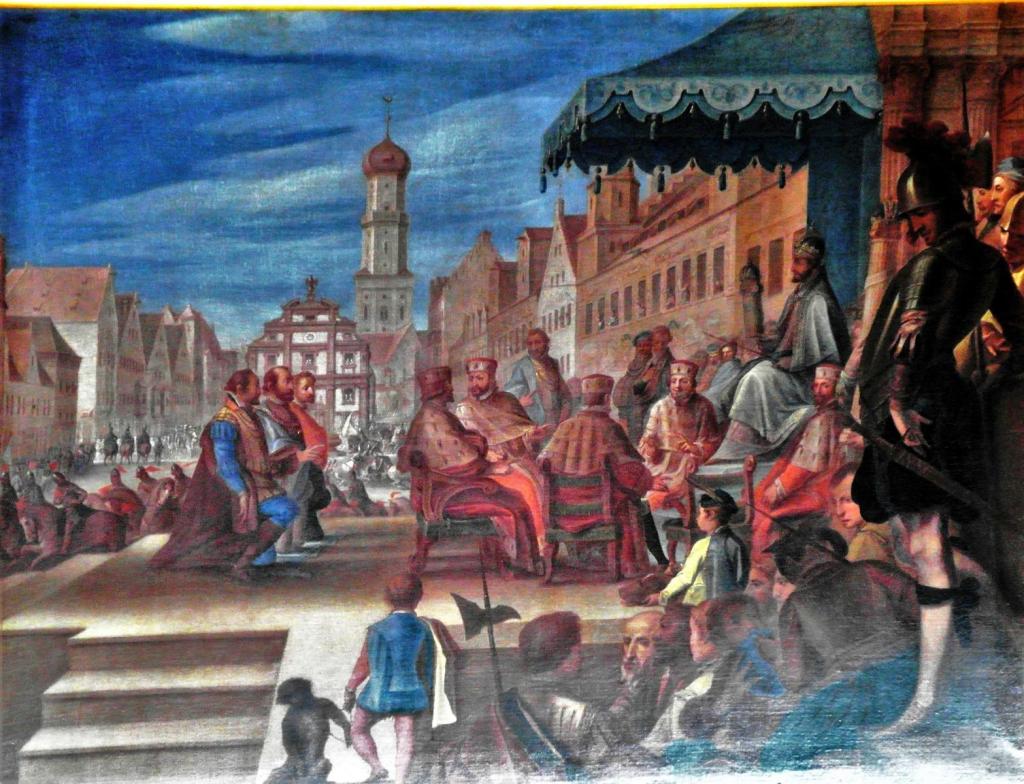 Augsburg: Rathaus Fürstenzimmer - Gemälde vom M. Gundelach "Belehnung Herzog Moritz‘ von Sachsen mit der sächsischen Kurwürde durch Kaiser Karl V. auf dem Reichstag zu Augsburg 1548"