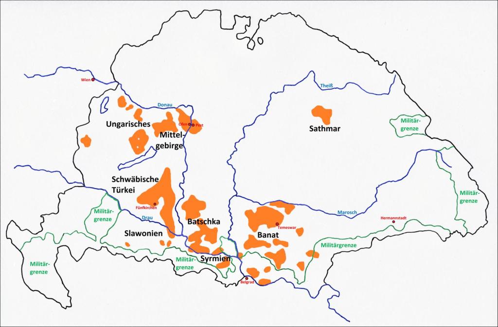 Karte der donauschwäbischen Siedlungsgebiete