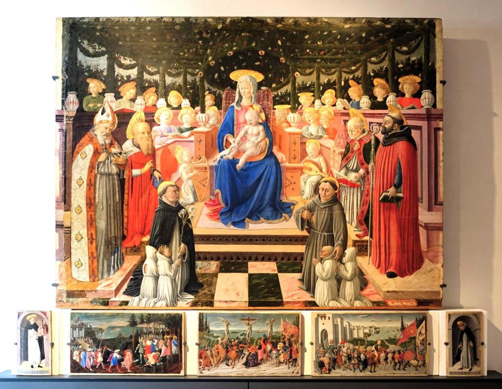Perugia: Nationalgalerie Giovanni Boccati, Thronende Maria mit Kind in der Rosenlaube mit singenden Engeln, den vier Kirchenvätern und den Heiligen Dominikus und Franziskus (2025)