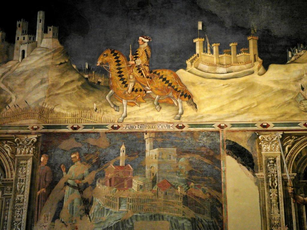Siena: Stadtpalast [Palazzo Pubblico], Landkartensaal [Sala del Mappamondo] - oben Fresko Guidoriccio da Fogliano reitet zur Belagerung ... v. Simone Martini, darunter Fresko Übergabe eines Kastells (2017)