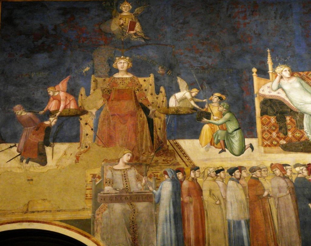Siena: Stadtpalast [Palazzo Pubblico], Saal des Friedens, "Allegorie der guten Regierung" von Ambrogio Lorenzetti - Tugenden [oben Gerechtigkeit, unten Eintracht] (2017)