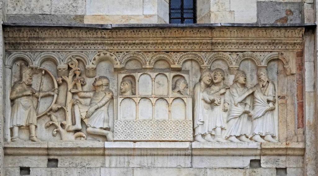 Modena: Dom Westfassade Relief [von Wiligelmus] über dem rechten Seitenportal [Lamech erschießt Kain, Arche Noah] (2025)