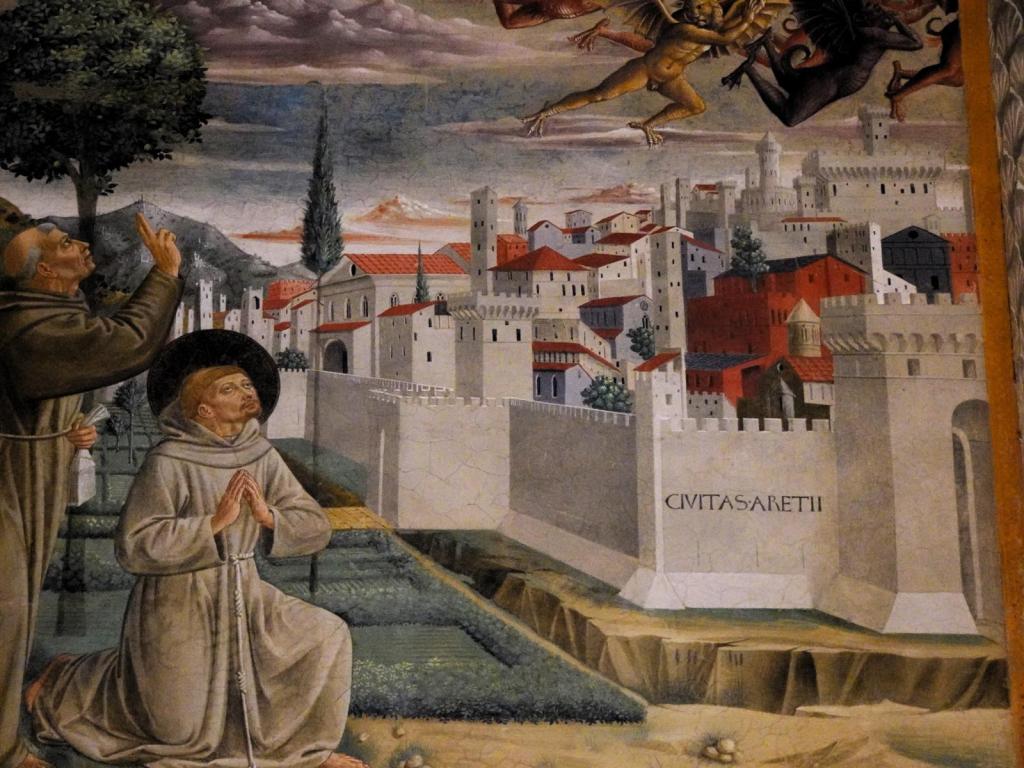 Montefalco: Franziskuskirche Hauptchorkapelle [Franziskuslegende von Benozzo Gozzoli, hier Darstellung der Stadt Arezzo] (2025)