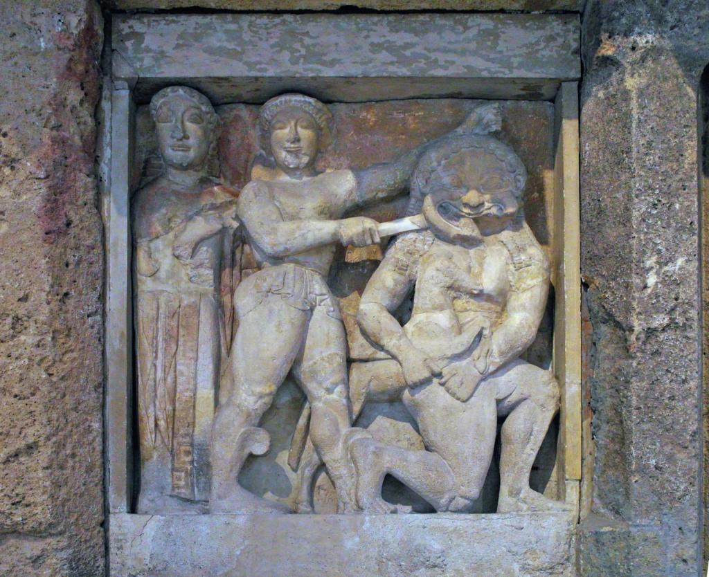 Selinunt: Metope vom Tempel C [Enthauptung der Gorgo Medusa] im Archäologischen Museum Palermo (2018)
